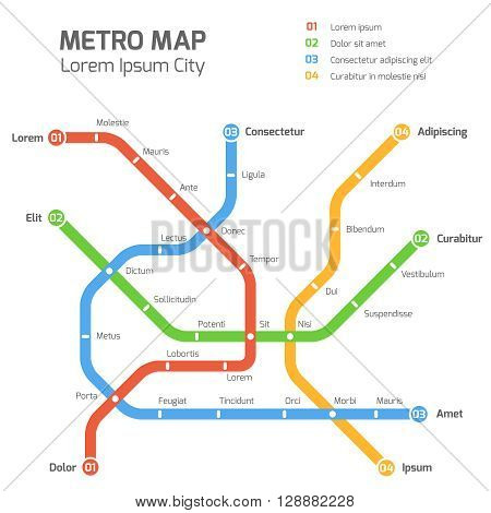 Subway vector map template. City metro transportation scheme. Information metro map, station metro map, underground metro illustration