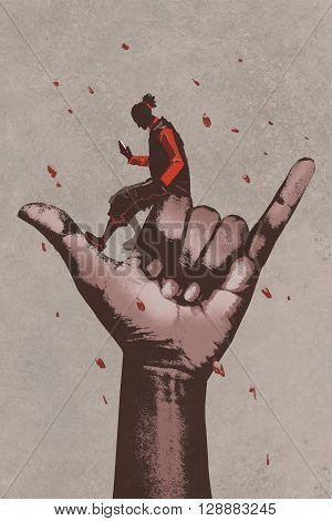 big hand in CALL ME sign with man using mobile phone, illustration painting