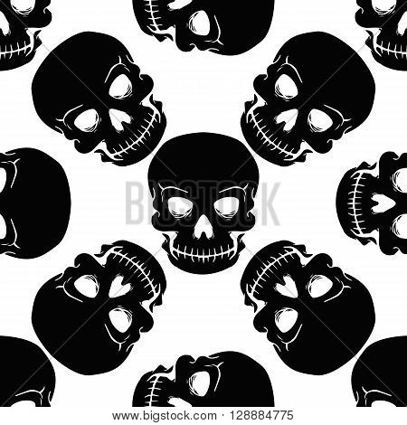 seamless pattern black skulls on a white background.