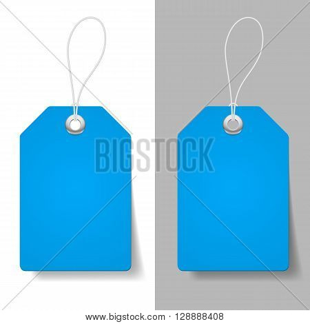 Blank blue price tags on white and grey background