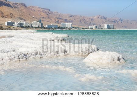 deposits of mineral salts, typical landscape of the Dead Sea, Israel