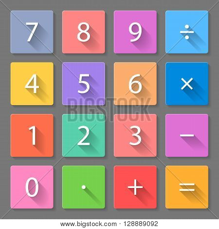 Set of flat colorful calculator icons with long shadows for web design and apps