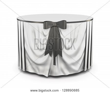 Tablecloth with bow isolated on white background. Front view. Grey bow. Round table. 3d render image