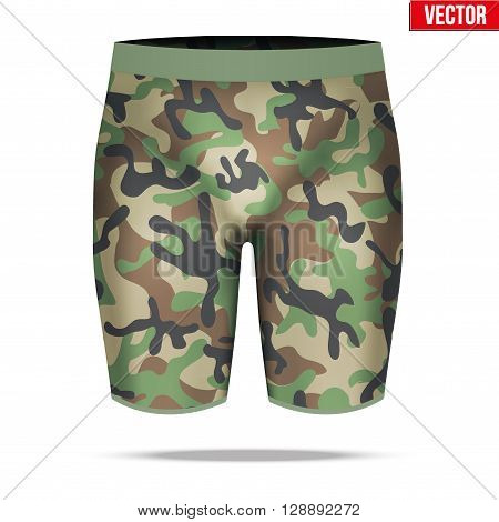 Base layer underwear compression shorts of thermal fabric in woodland camouflage style. Sample typical technical illustration.  Vector Illustration isolated on white background