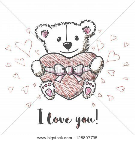 Love card with hand drawn cute bear holding heart. I  love you. Vector illustration