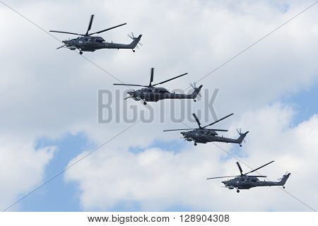 Russian Air Force Mi-28 Helicopter Fly Over Red Square.