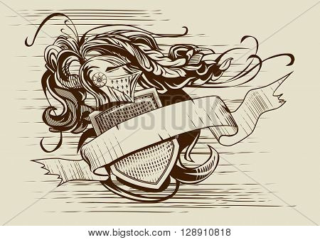 Vintage detailed illustration in knightly style and ribbon