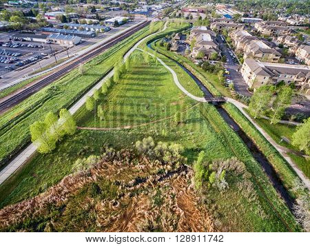 aerial view of bike trails and green areas in Fort Collins, Colorado, spring scenery