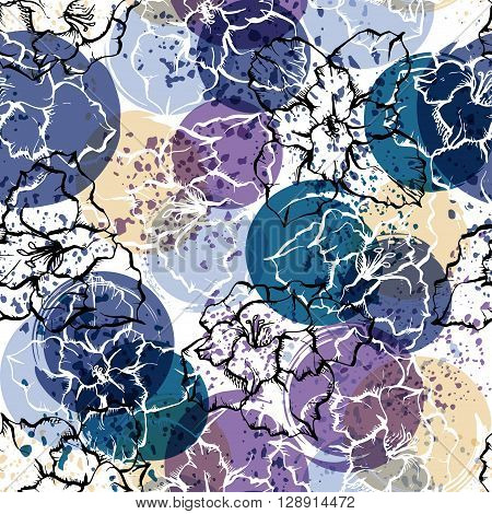 Seamless Modern Floral Pattern With Gladioli, Spots, Blots And Splashes Of Paint