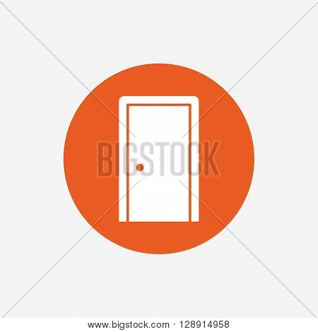 Door sign icon. Enter or exit symbol. Internal door. Orange circle button with icon. Vector