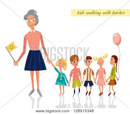 Teacher leading kids for a walk in the kindergarten. Children walking. Vector Character Illustration