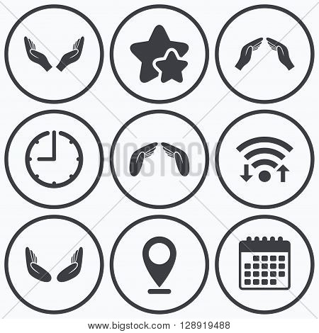 Clock, wifi and stars icons. Hands icons. Insurance protection signs. Human helping donation hands. Prayer meditation hands sybmols. Calendar symbol.