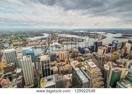 Sydney Australia - November 11 2014: Aerial view of Sydney CBD Cockle Bay and Barangaroo Reserve from Sydney Tower Eyein at cloudy weather Australia.