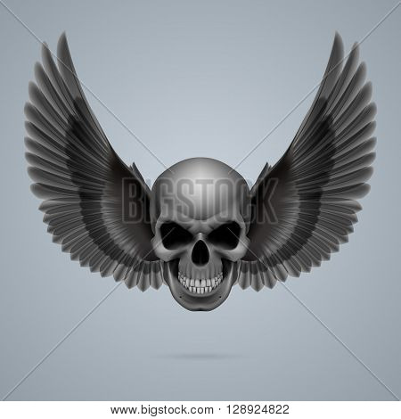 Evil looking skull with two crow wings.