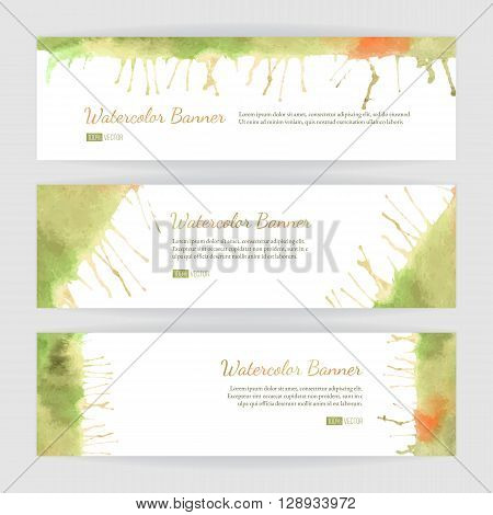 Set of hand painted watercolor horizontal banners headers. Colorful abstract green yellow brush stocks and splashes on a white backgrounds. Modern style graphic design template. Marketing concept.