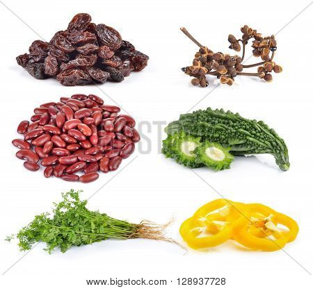 paprika coriander Bitter melon red beans Zanthozylum raisins on white background