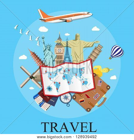 Travel by plane. World Travel. Planning summer vacations. Summer holiday. Tourism and vacation theme. vector illustration in flat design. travel and vacations concept