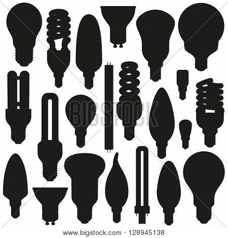 Ligth lamps set. Silhouette icons isolated on the white. Vector illustration.