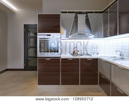 Idea of modern kitchen. New kitchen with Zebrano facade cabinets modern gray hood with glass pocket white tiled backsplash. 3D render