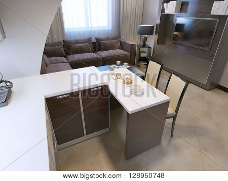 View of contemporary kitchen bar. Snowy acrylic countertop dark zebrano facade on cabinets elegant chairs and lounge with velvet sofa on background. 3D render