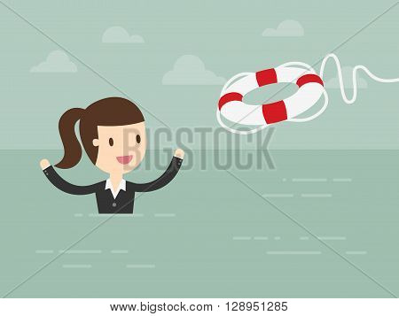 Business Woman With Life Preserver. Business Concept Cartoon Illustration.