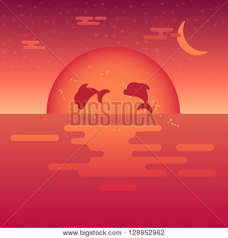 Beautiful sunset at the sea with the jumping dolphins in a front. Tropical warm illustration with the sun and sea in gradient color. Fully vector. Easy to edit