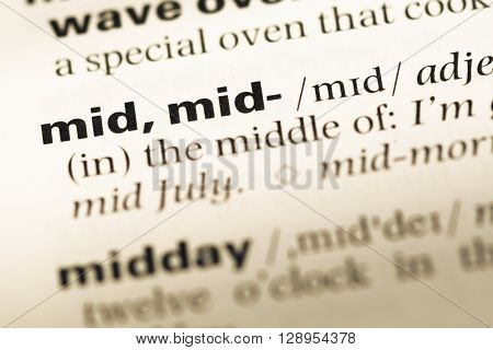 Close Up Of Old English Dictionary Page With Word Mid.
