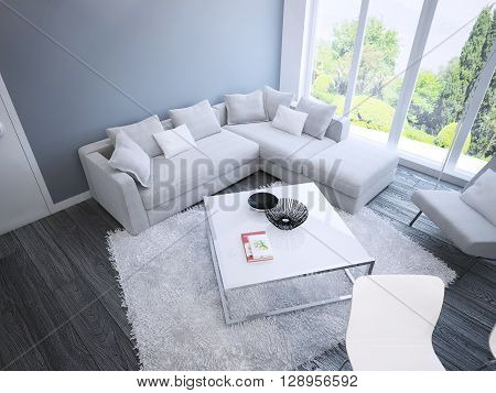 Techno living room interior. Spacious room with white furniture blue walls and dark brown parquet flooring. 3D render