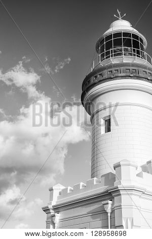 Cape Byron lighthouse in NSW, Australia. Black and white image.