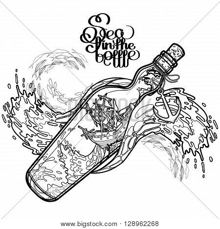 Ancient sunken ship during a storm in the bottle. Travel memories collection. Vector marine design isolated on white background. Coloring book page design