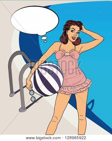 Popart girl with beach ball and swimsuit on background of swimmingpoll in summer day
