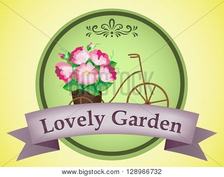 Lovely garden logo. Bicycle with the pot full of pink flowers.