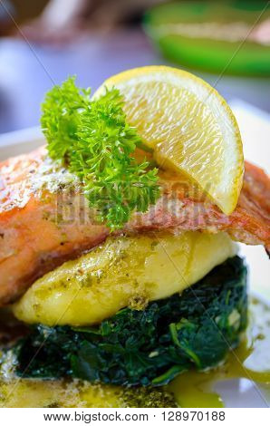 Grilled Salmon Steaks with Lime and baked spinach