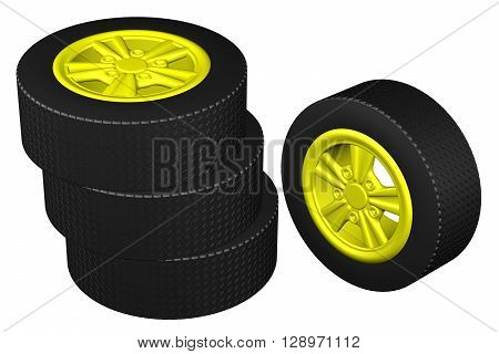 Car wheels isolated on white background. 3D rendering.