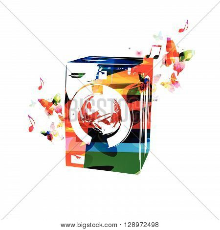 Vector illustration of colorful washing machine with butterflies