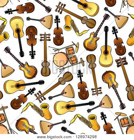 Seamless cartoon drums, violins and saxophones, acoustic and electric guitars, indian sarods and russian balalaikas pattern over white background. Use as classic and ethnic musical instruments theme design