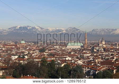 Vicenza, Italy, Skyline Of The City With Basilica Palladiana And The Dome Of The Cathedral