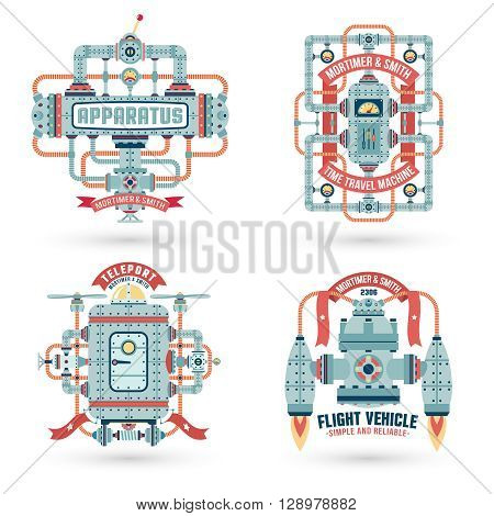 Steampunk logo. Steampunk machinery machines assemblies. Intricate engineering devices. Text on a separate layer.