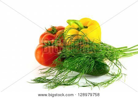 yellow peppers, tomatoes, cucumbers and dill salad for spring;