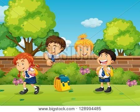 Students in uniform skipping school illustration
