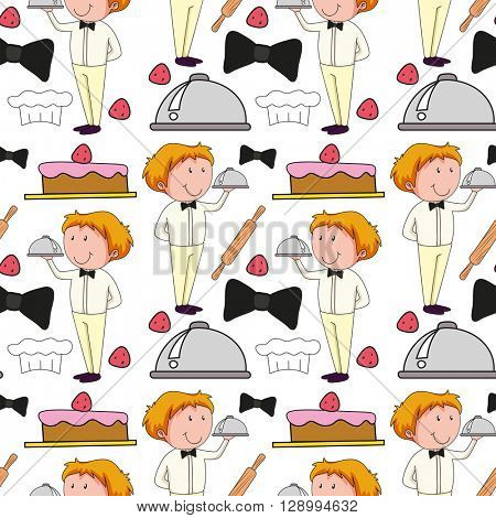 Seamless background  with waiter serving food illustration