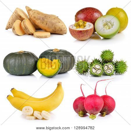 Small radish banana Castor oil Pumpkin Passion fruit Sweet potato on white background