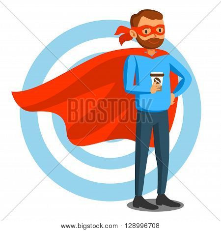 Cartoon superhero man in red cape male superhero programmer superhero. Vector illustration