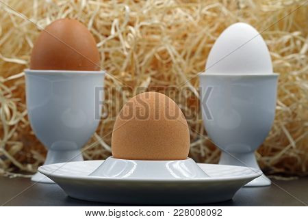 Three Breakfast Eggs In Eggcup Isolated With Wood Wool