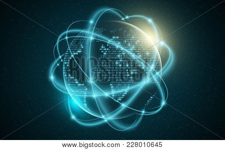 Abstract Planet Earth. World Map From Binary Code. Glowing, Blurry Neon Lines. Abstract Background. 