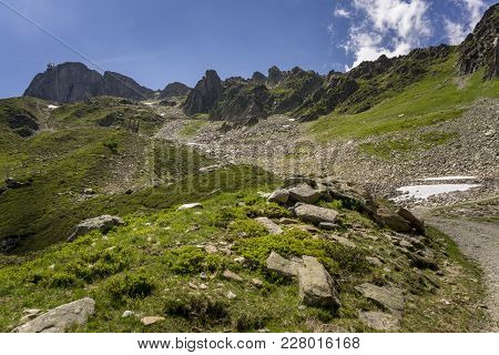 Summer View Of Mountain Trail Near The Le Brevent In The French Alps.