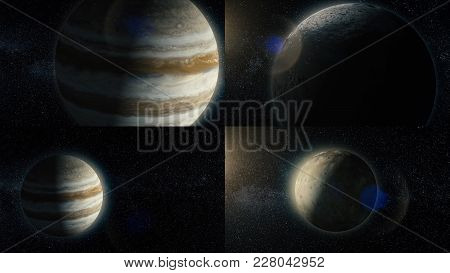 Set Of Animation Planets And Satellites Of Solar System. Clip. Animation Of Looped Space Pattern Bac