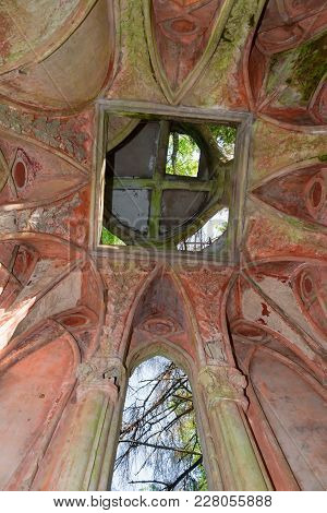 The Time-destroyed Romantic Chapel-tomb (1914). Manor Zavetnoye. Novgorod Region, Russia
