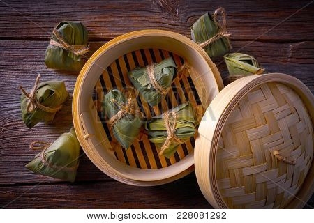 Zongzi Glutinous sticky Rice Dumplings recipe wrap with bamboo leaves asian food