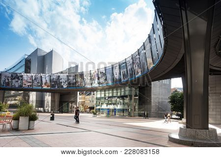 BRUSSELS, BELGIUM - August 5, 2017 : Exterior of the building of the European Parliament in Brussels, Belgium. it exercises the legislative function of the EU.August 5, 2017, BRUSSELS, BELGIUM
